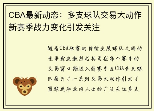 CBA最新动态：多支球队交易大动作 新赛季战力变化引发关注